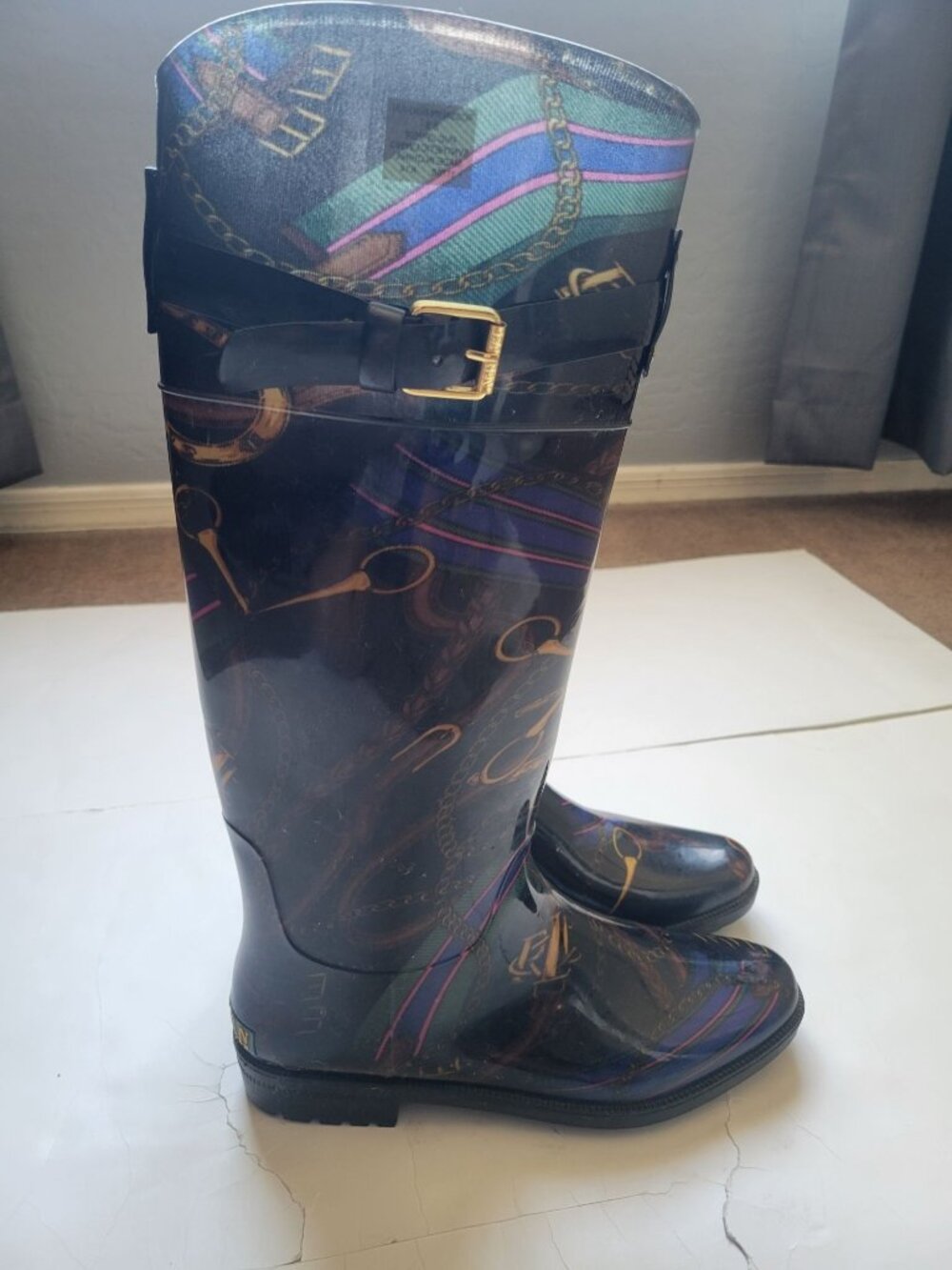 Lauren Ralph Lauren Rossalyn II rain boots black equestrian belt gold rope 8 - Picture 4 of 11